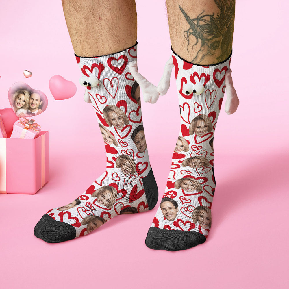 Custom Face Socks Funny Doll Mid Tube Socks Magnetic Holding Hands Socks Red Heart Valentine's Day Gifts - MyFacepajamasAU