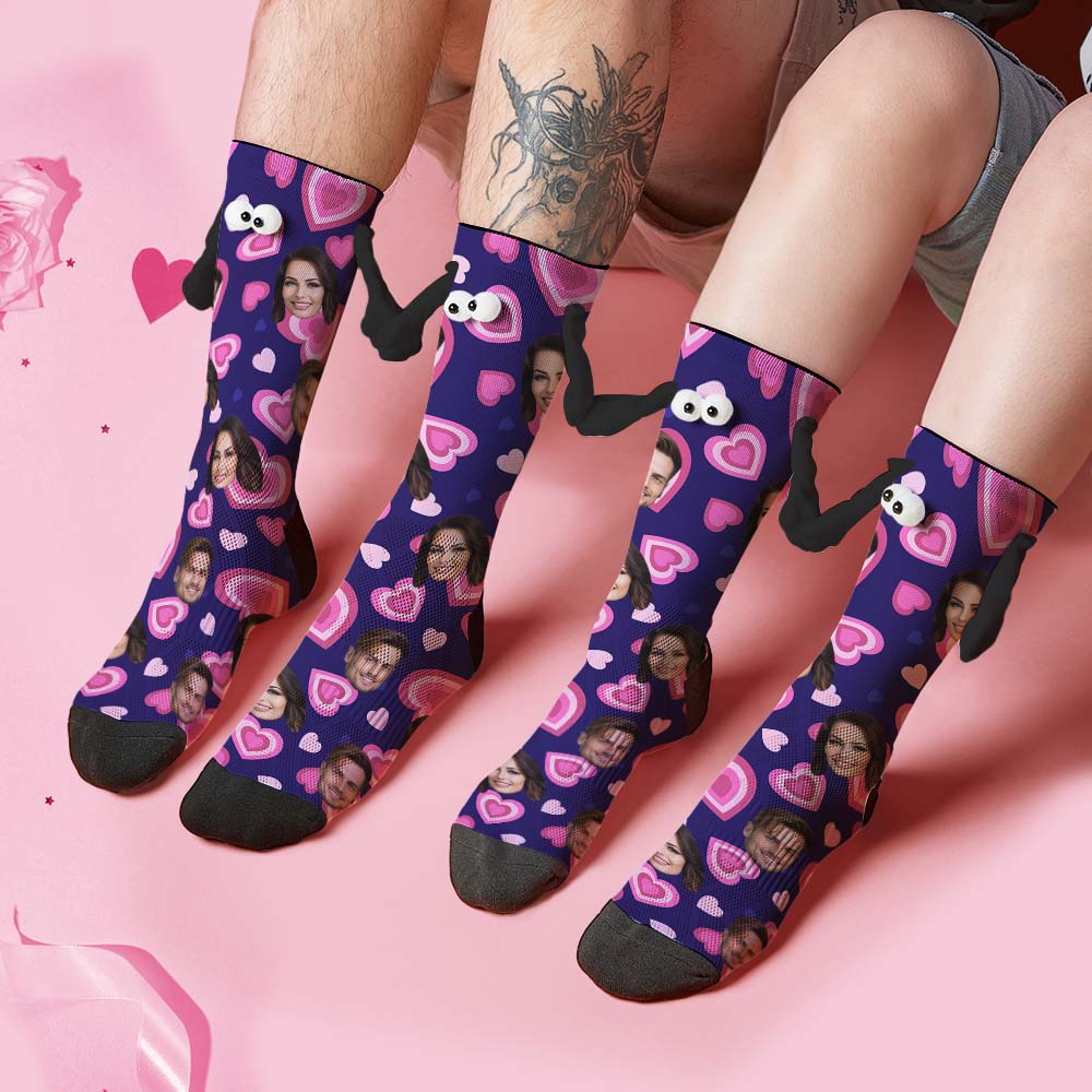 Custom Face Socks Funny Doll Mid Tube Purple Socks Magnetic Holding Hands Socks Pink Heart Valentine's Day Gifts - MyFacepajamasAU