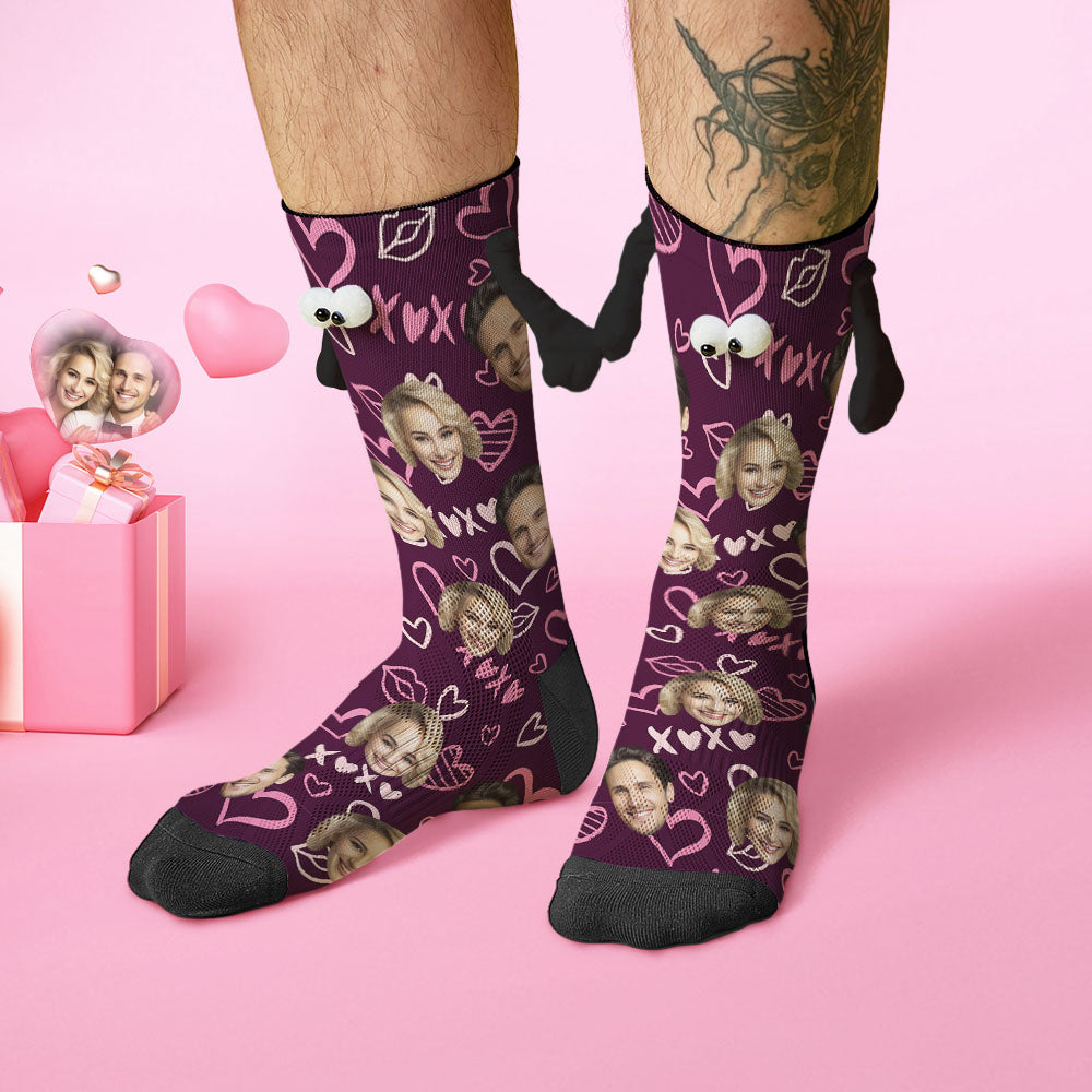 Custom Face Socks Funny Doll Mid Tube Socks Magnetic Holding Hands Socks XOXO Valentine's Day Gifts - MyFacepajamasAU
