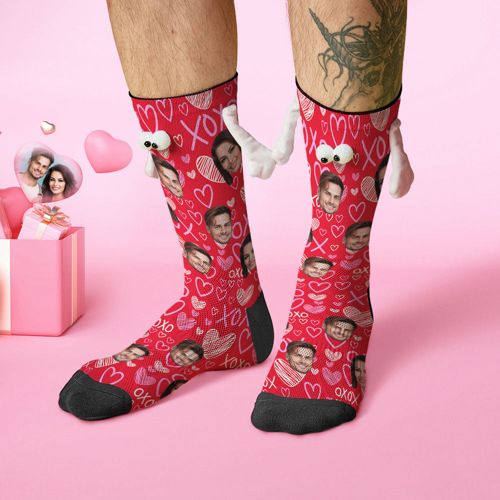 Custom Face Socks Funny Doll Mid Tube Red Socks Magnetic Holding Hands Socks XOXO Valentine's Day Gifts - MyFacepajamasAU