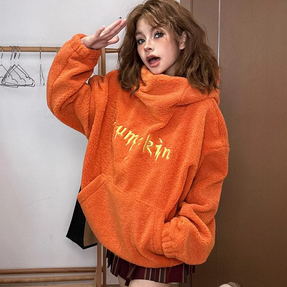 Cute Spooky Halloween Pumpkin Hoodie for Women Fuzzy Fleece Pullover - MyFacepajamasAU