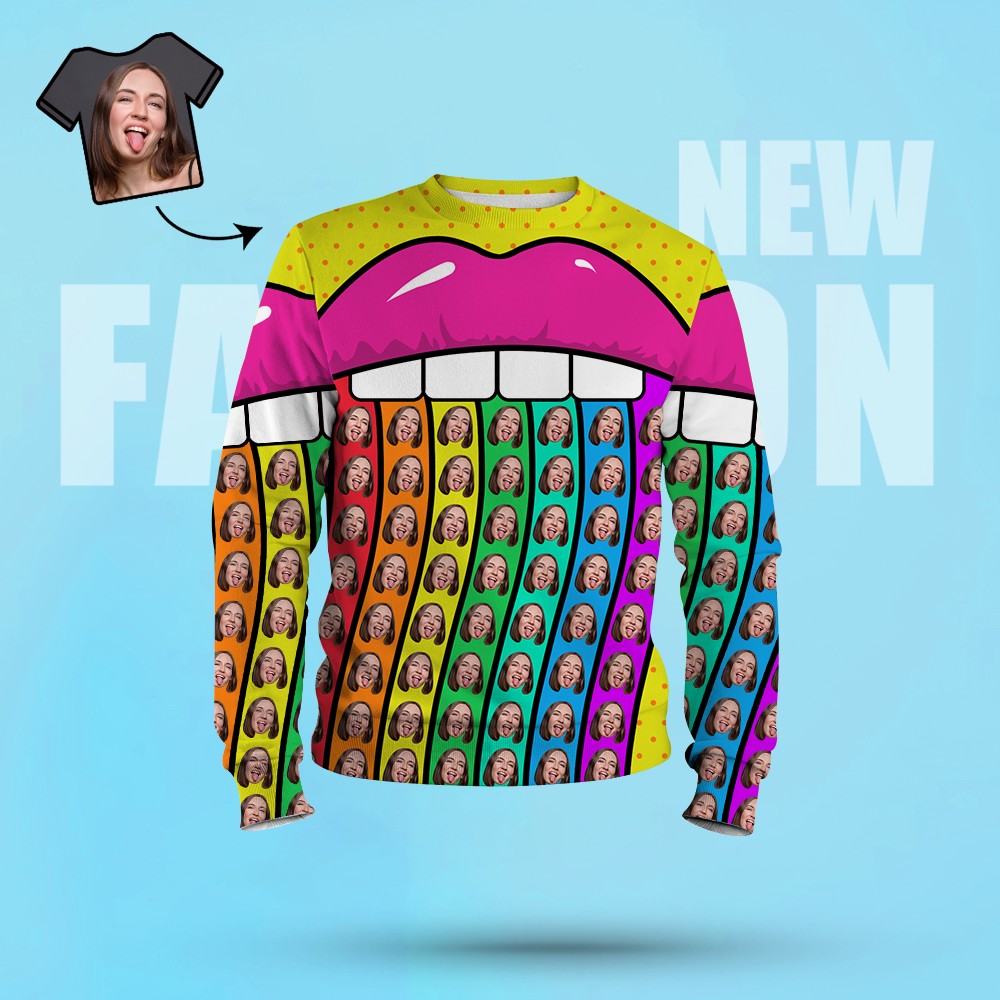 Custom Face Sweatshirt Casual Printed Photo Crewneck Shirt For Men Women - Rainbow Lips - MyFacepajamasAU