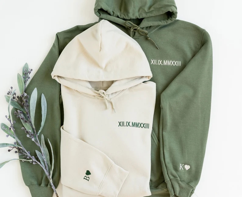 Custom Engraved Hooded Embroidery Round Neck Roman Numeral Date Couple Gifts - MyFacepajamasAU