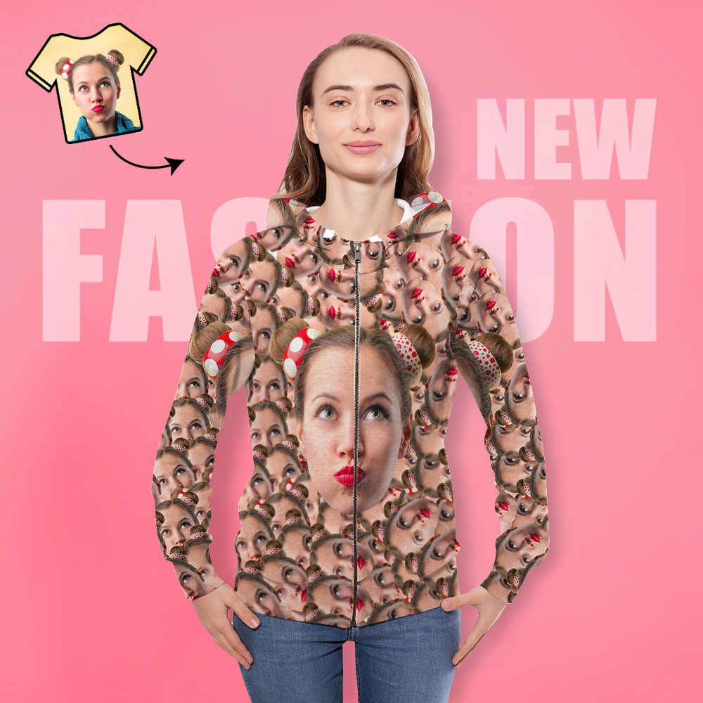 Christmas Gift Custom Face Unisex Hoodie Casual Printed Photo ZIP Hoodie For Women - Big Face - MyFacepajamasAU