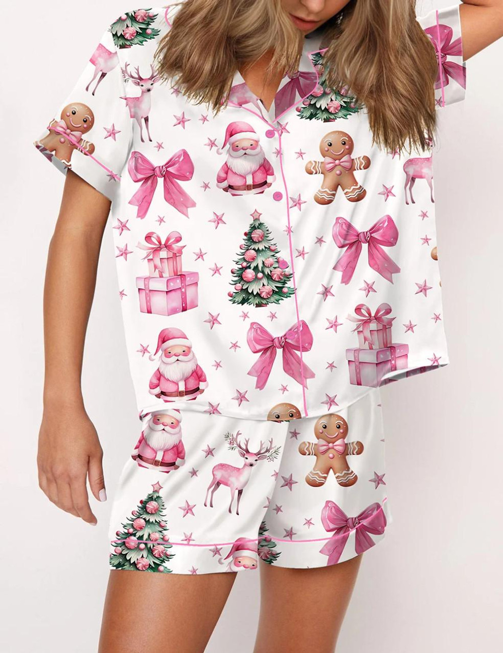 Women's Pink Christmas Satin Pajamas - Holiday Print Sleepwear & Loungewear Gift Set