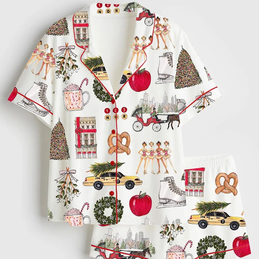 Women's New York Christmas Theme Satin Pajama Set,Sleeve Top & Pants Lounge Set, Holiday Gift