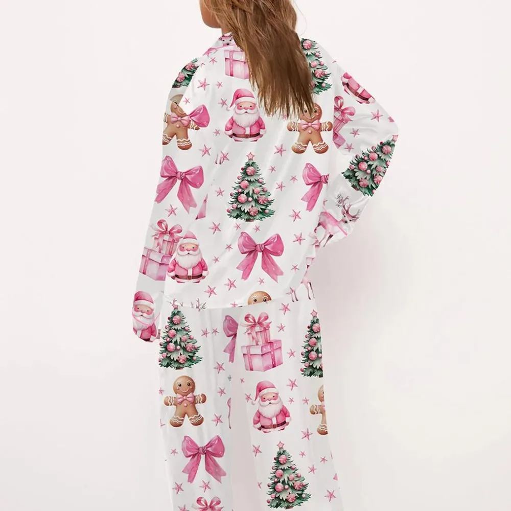 Women's Pink Christmas Satin Pajamas - Holiday Print Sleepwear & Loungewear Gift Set