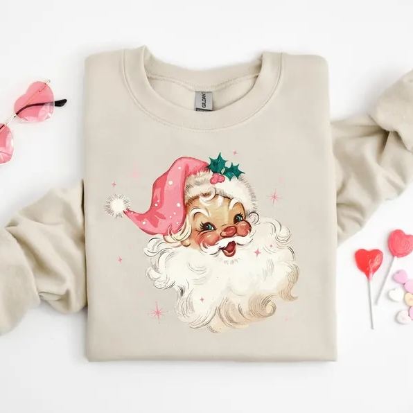 Pink Santa Retro Christmas T-Shirts Sweatshirts for Women Pink Christmas Matching Family Sweaters Pink Vintage Holiday Crewneck Group Party - MyFacepajamasAU