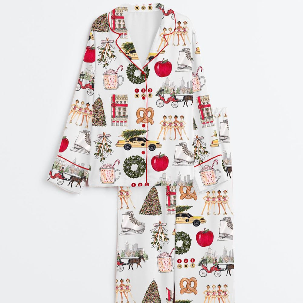 Women's New York Christmas Theme Satin Pajama Set,Sleeve Top & Pants Lounge Set, Holiday Gift