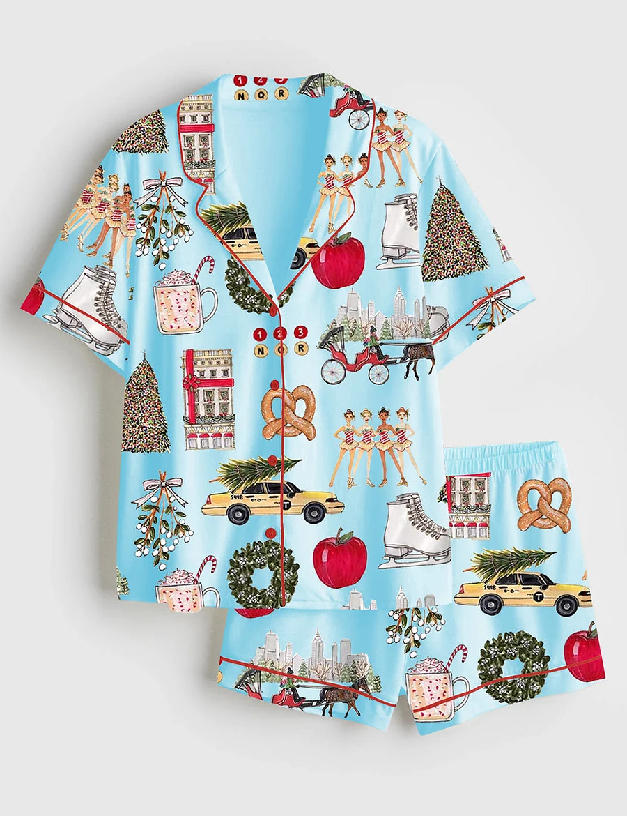 Women's New York Christmas Theme Satin Pajama Set,Sleeve Top & Pants Lounge Set, Holiday Gift