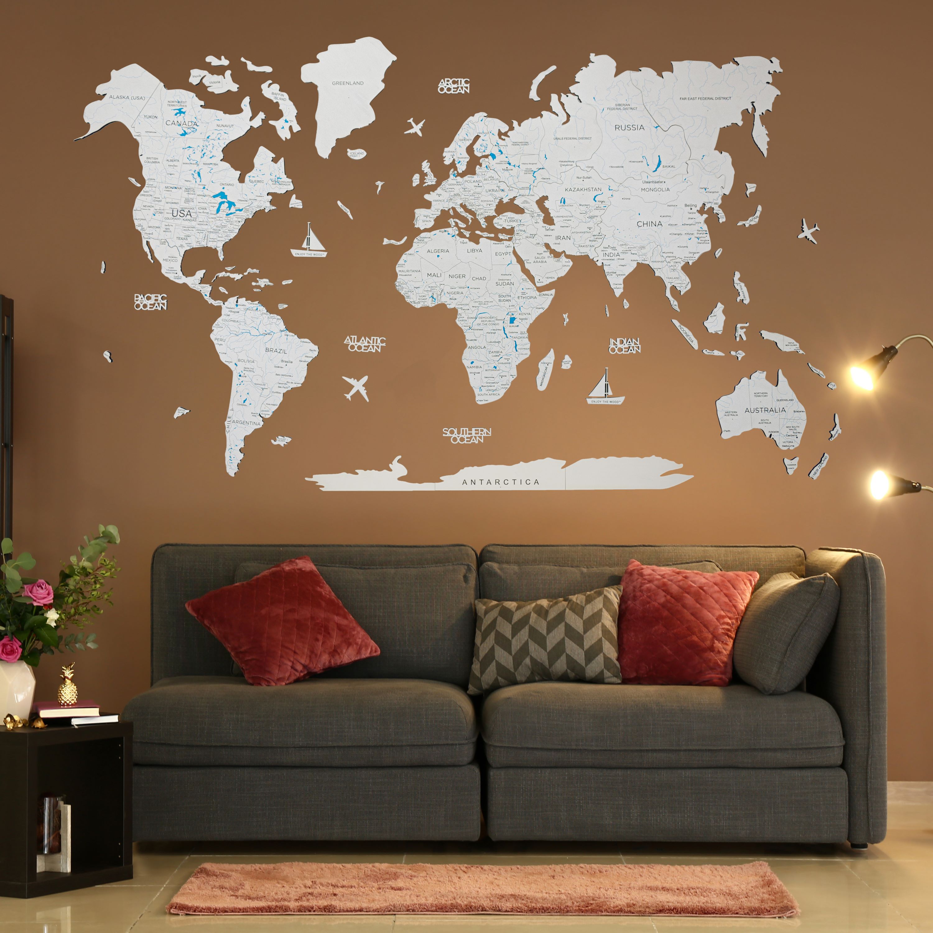 2D Wooden World Map White
