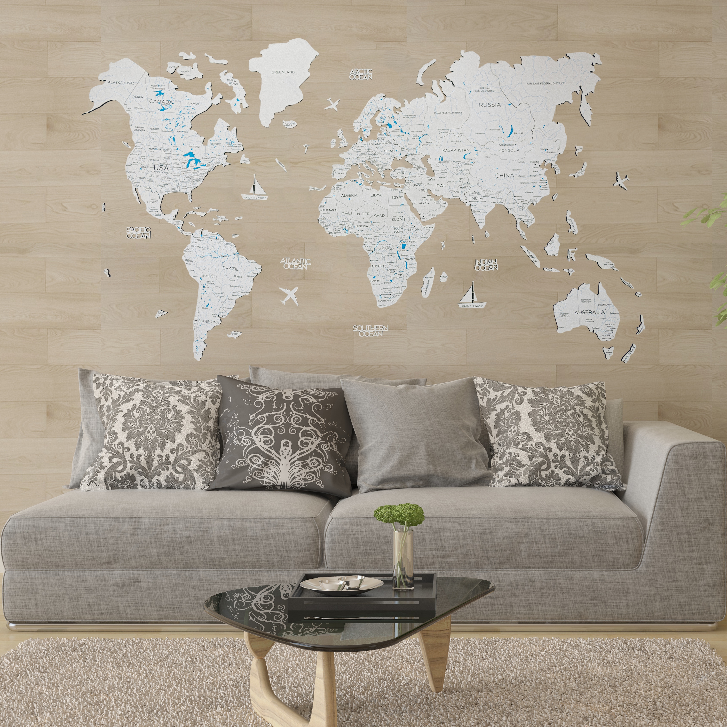 2D Wooden World Map White