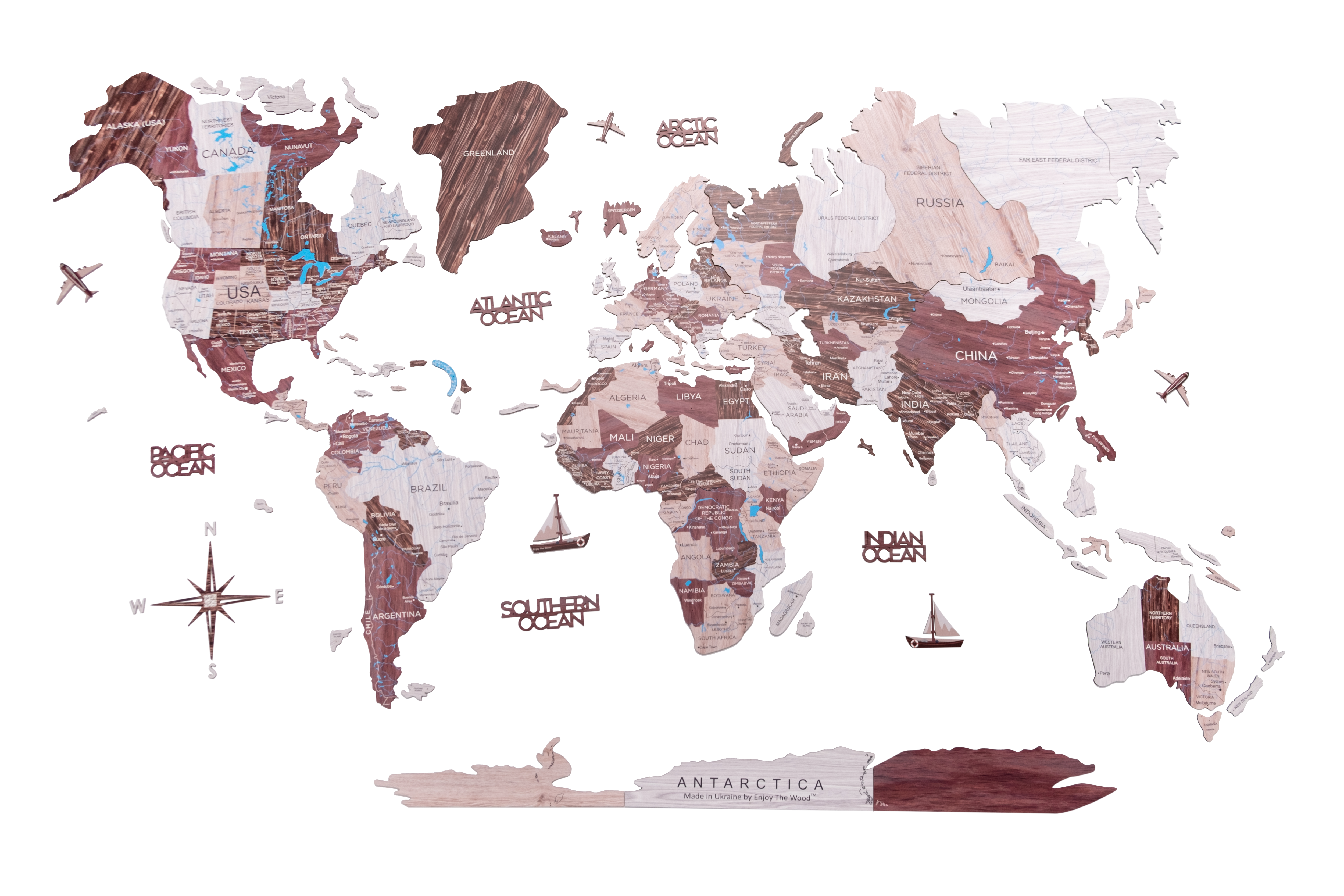 2D Wooden World Map Cappuccino