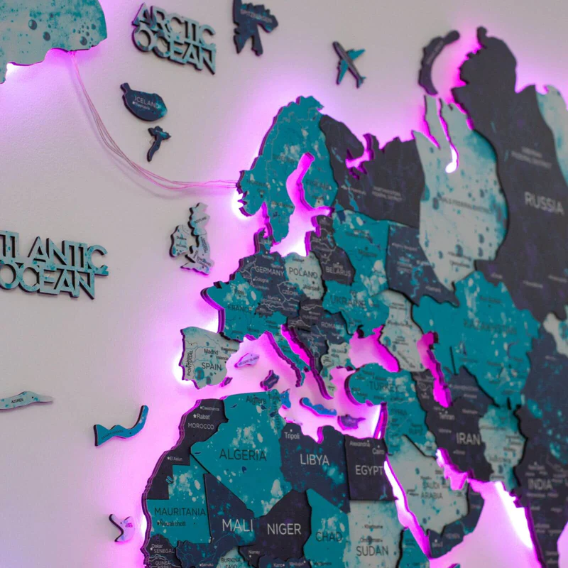 3D LED Wooden World Map Ocean