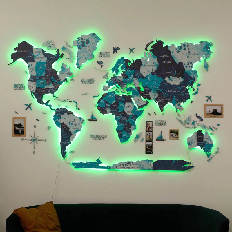 3D LED Wooden World Map Ocean