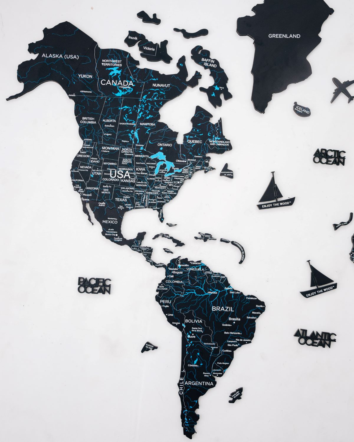 2D Wooden World Map Midnight