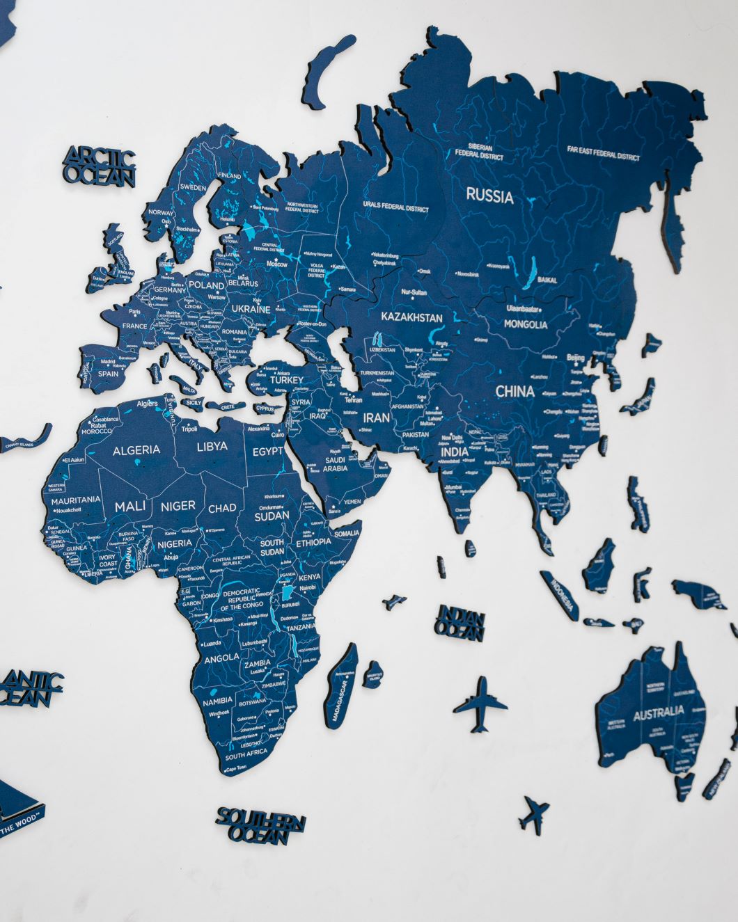 2D Wooden World Map Blue