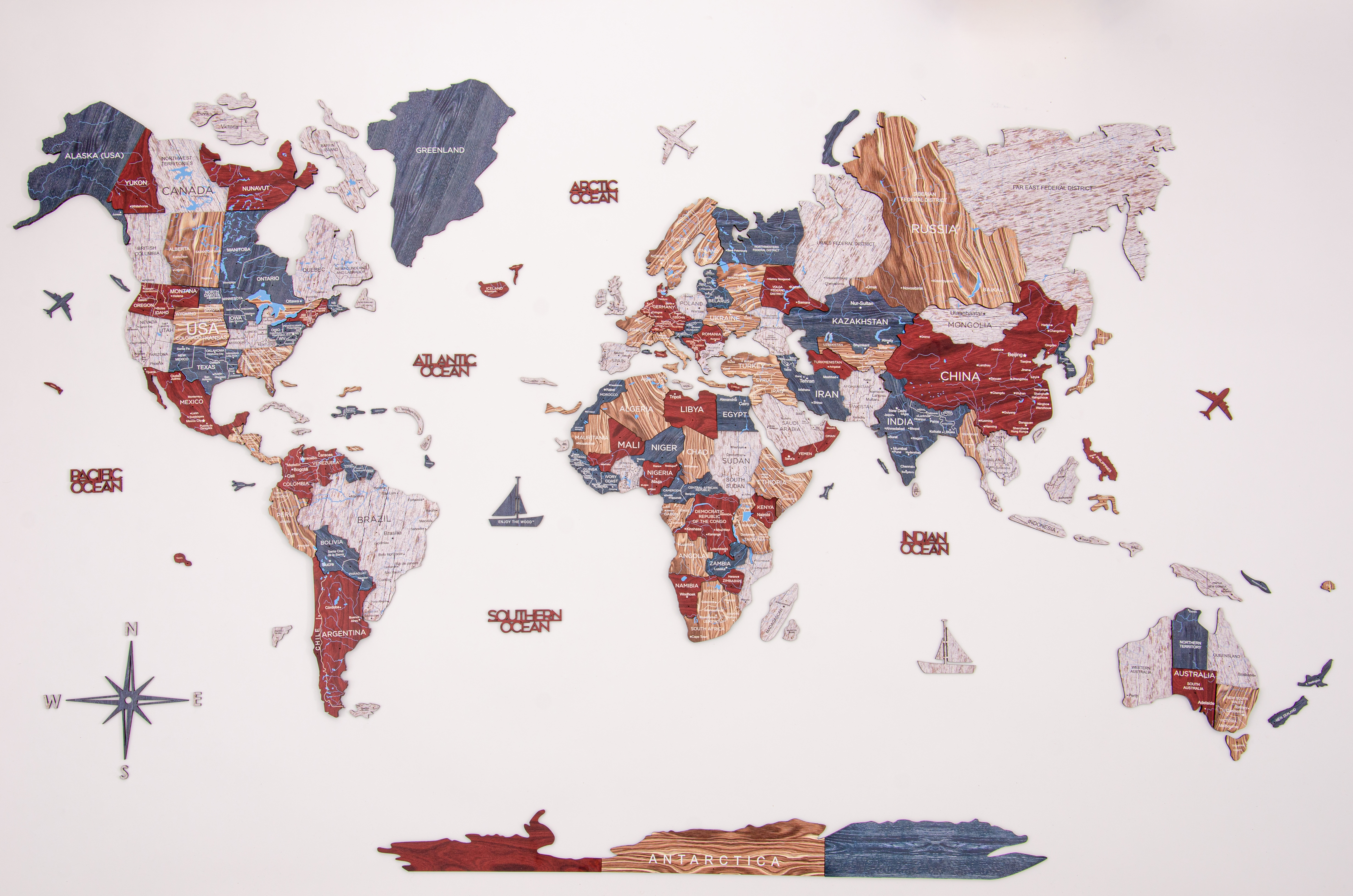 3D Wooden World Map Boho