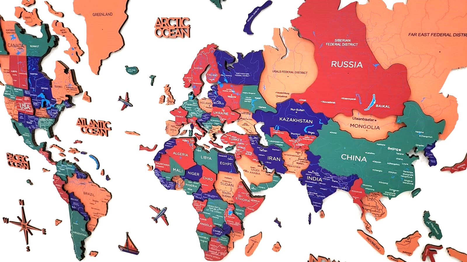 3D Wooden World Map Jungle