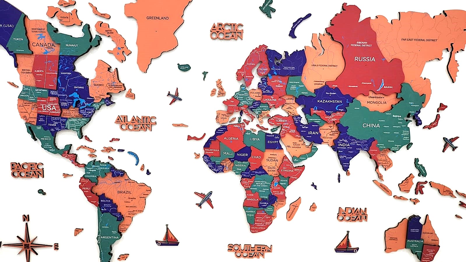 3D Wooden World Map Jungle