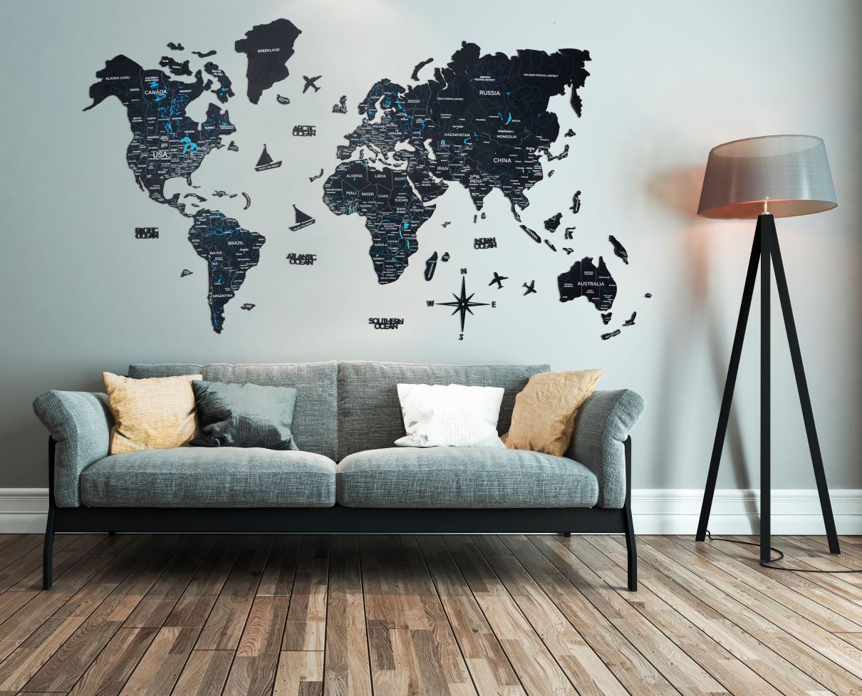 2D Wooden World Map Midnight