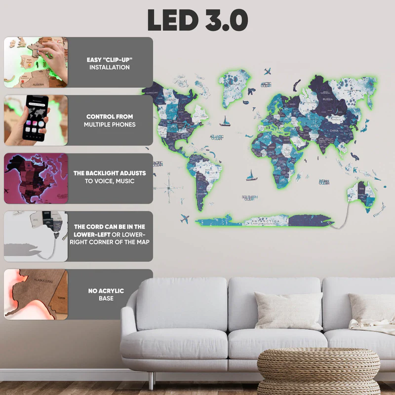 3d Led Wooden World Map Ocean