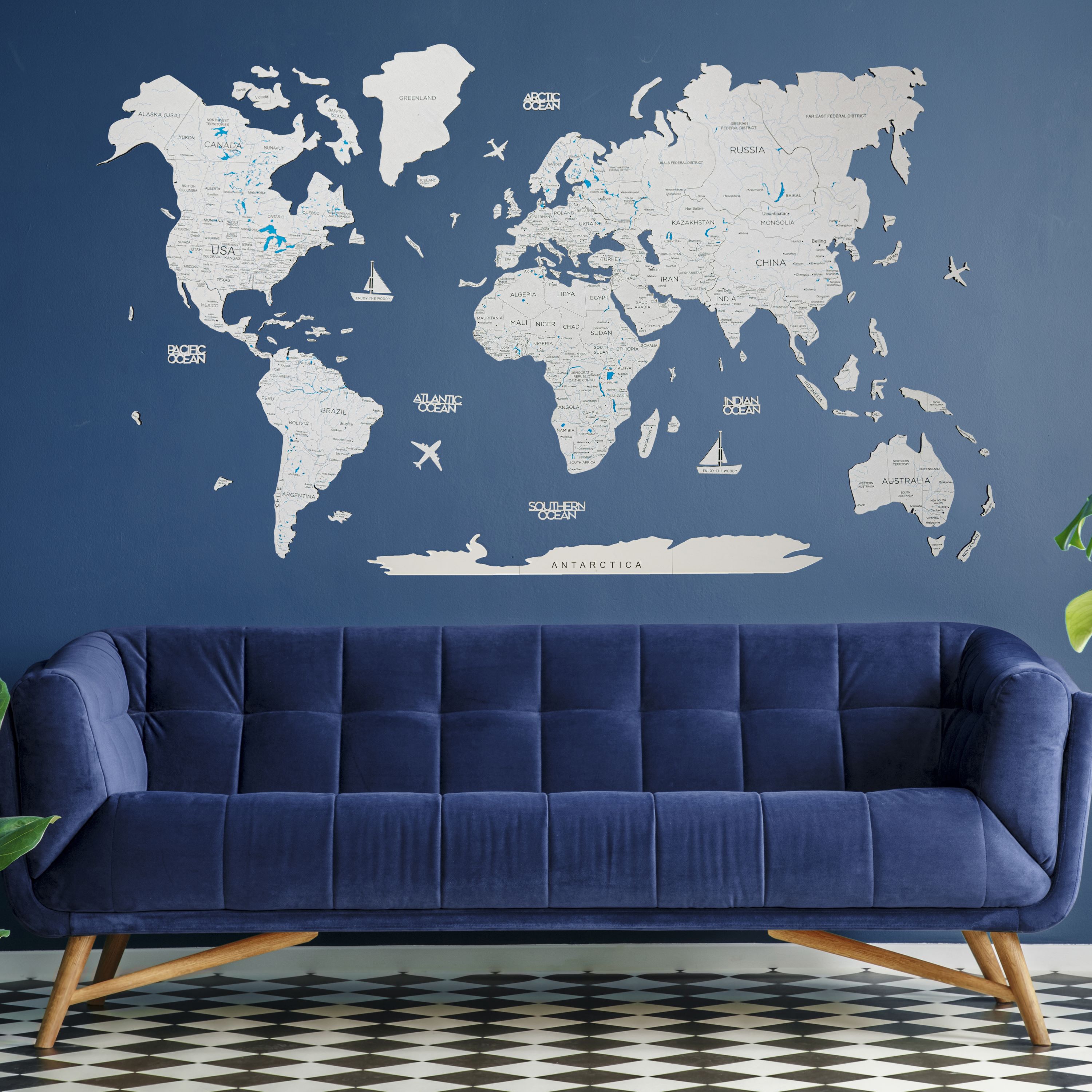 2D Wooden World Map White
