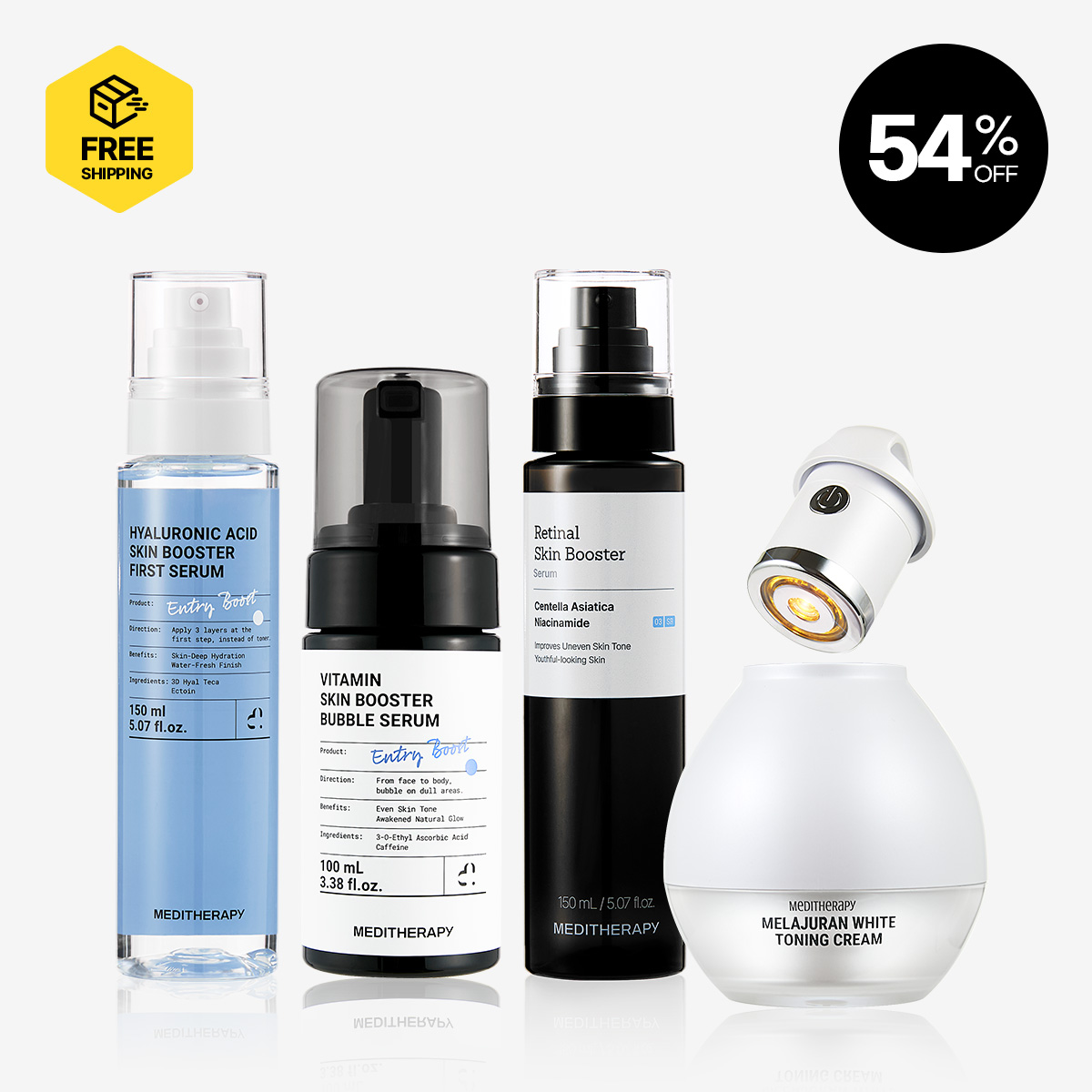 [MEDITHERAPY] Hyaluronic Acid Skin Booster First Vitamin + Vitamin Skin Booster Bubble Serum + Retinal Skin Booster Serum + Melajuran Whitening Tone-Up Cream + EMS Device