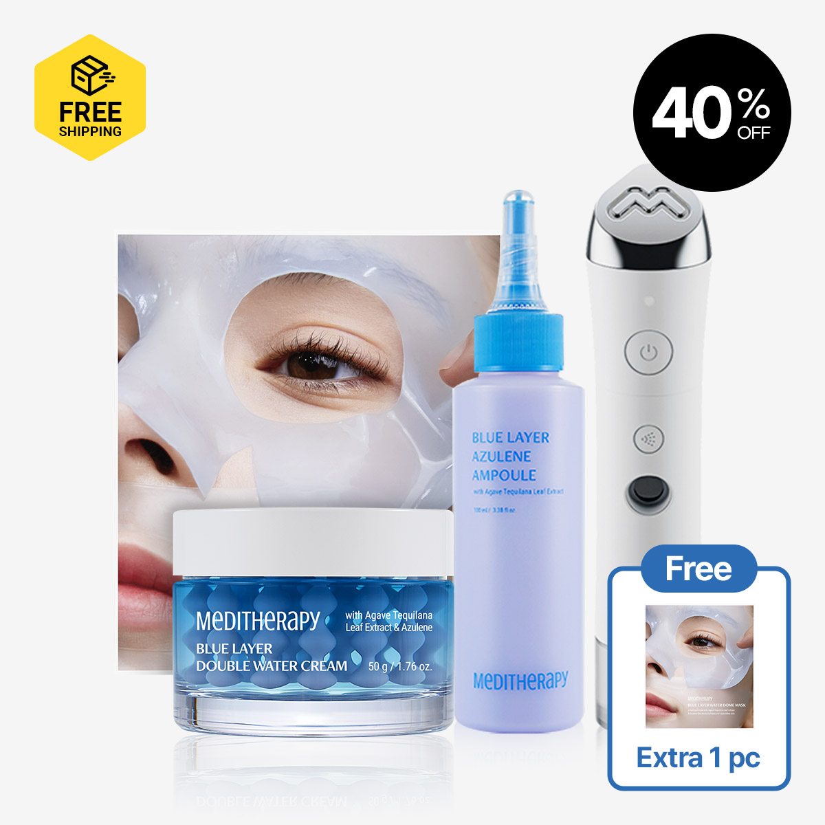 [MEDITHERAPY ] BLUE LAYER DOUBLE WATER CREAM + MIST AMPOULE JET + AZULENE AMPOULE + WATER DOME MASK 1 Box (4PCS) + FREE DOME MASK 1PC