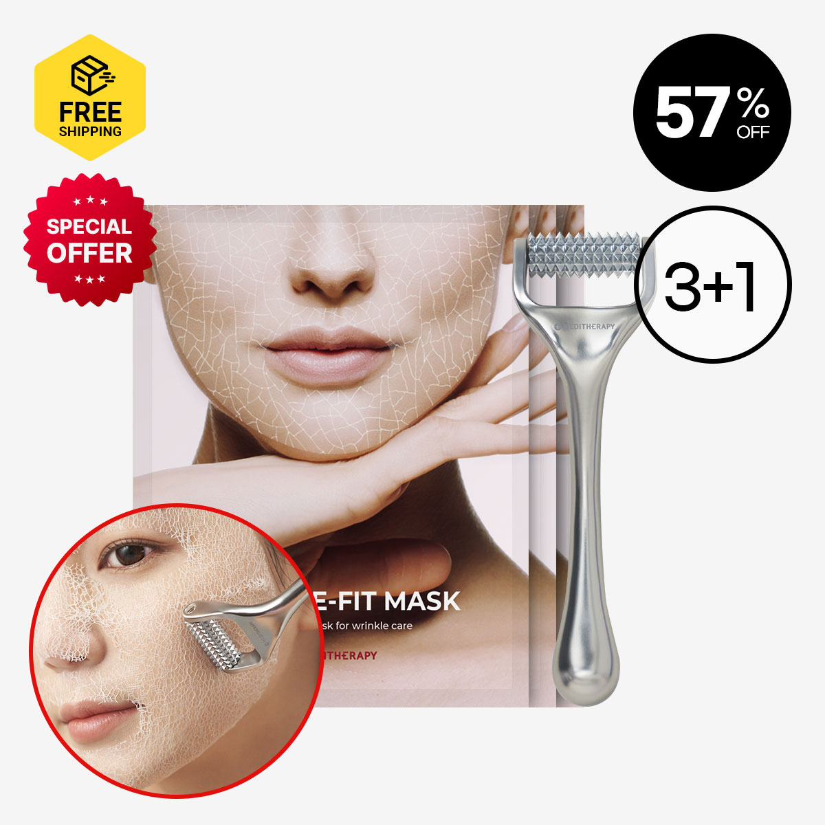 [MEDITHERAPY] WRINKLE-FIT MASK 3 + WRINKLE-FIT NEEDLE ROLLER 1