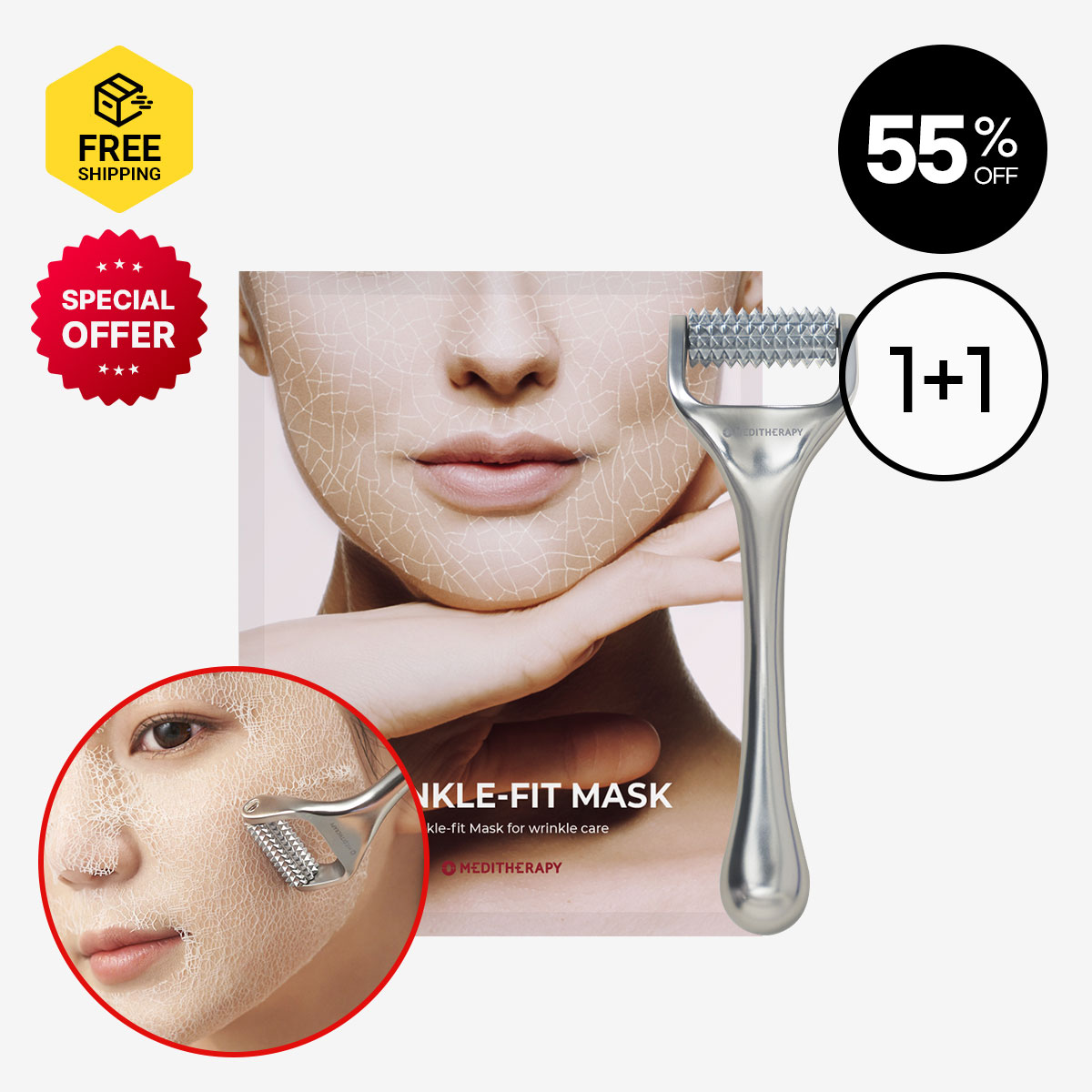 [MEDITHERAPY] WRINKLE-FIT MASK 1 + WRINKLE-FIT NEEDLE ROLLER 1 