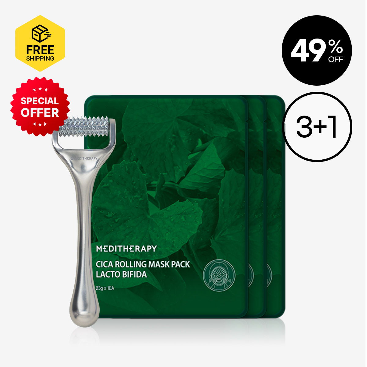 [MEDITHERAPY] CICA PORE TIGHTENING MASK PACK 3 + NEEDLE ROLLER