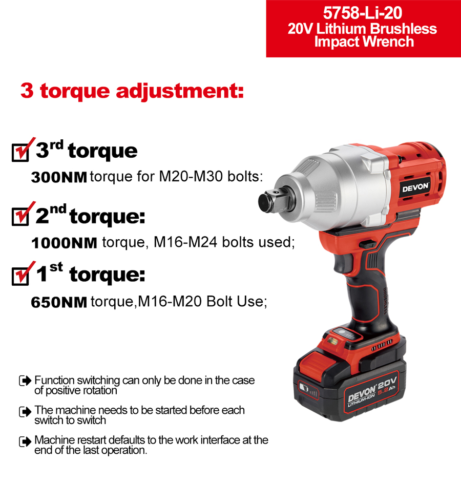 DEVON 20V Lihtium-ion Brushless Impact Wrench 5758-Li-20