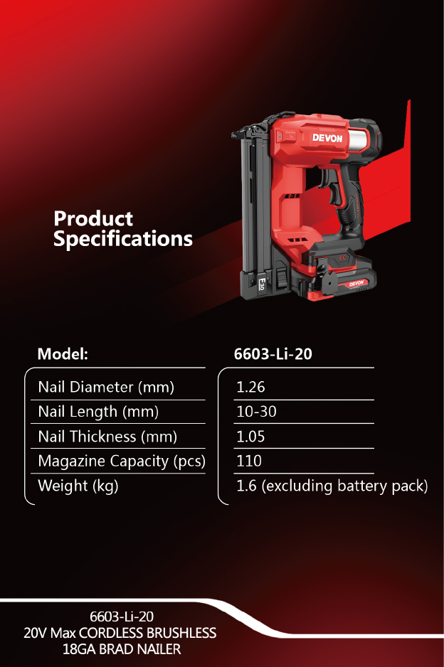 DEVON 6603-Li-20 20V Cordless F30 Brad Nailer Singapore with Lithium-Ion Battery