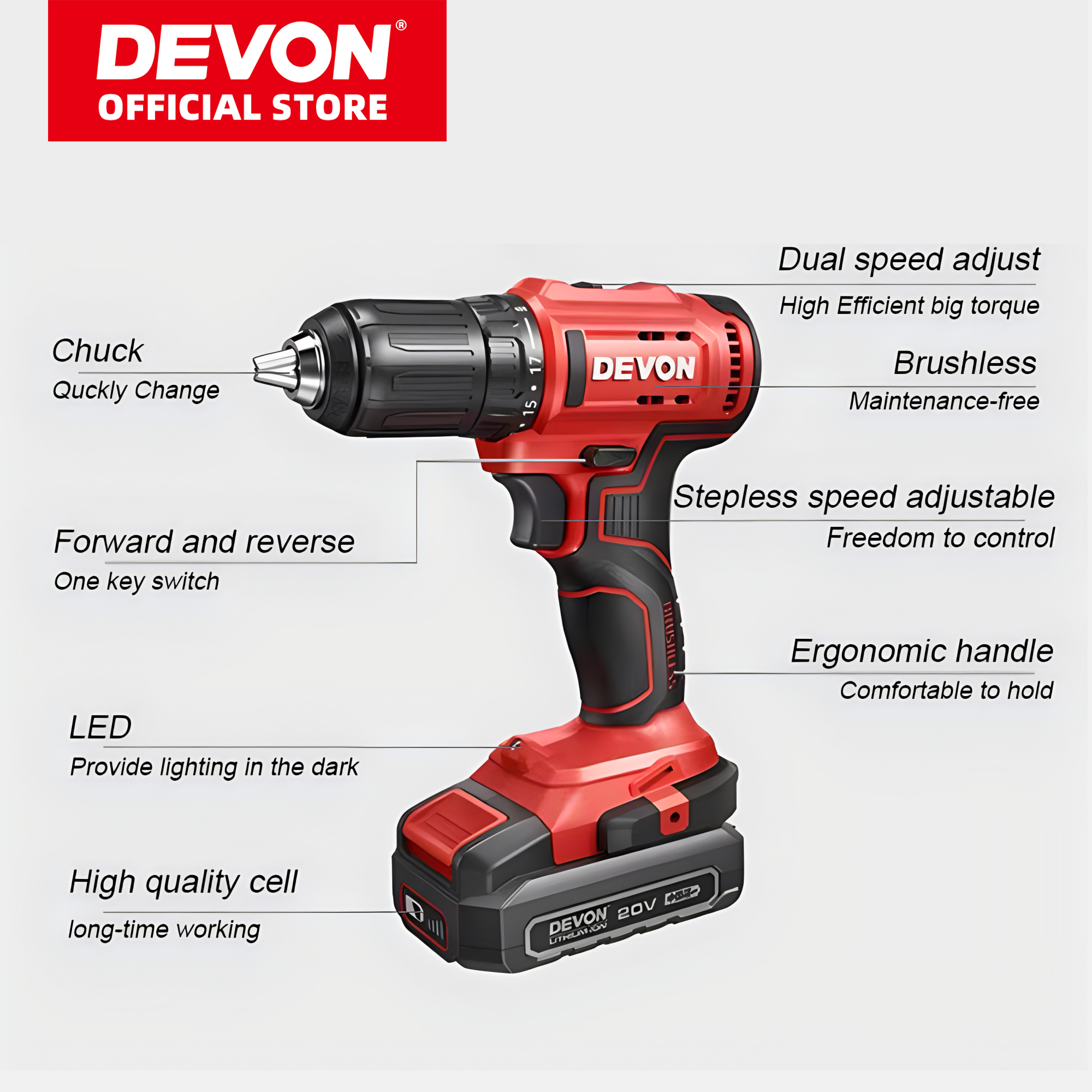 DEVON Driver Drill 5298 Cordless Lithium-ion 20V 