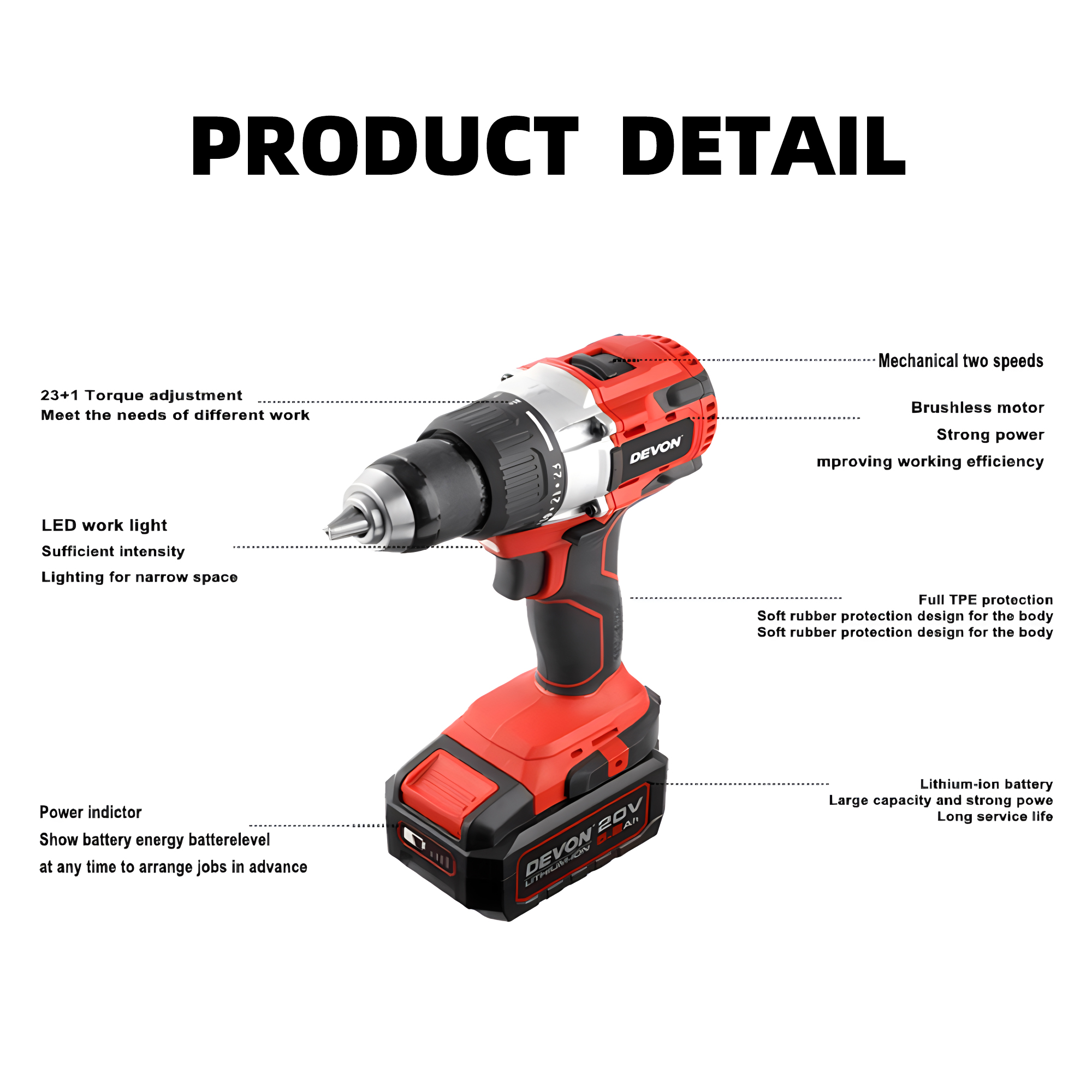DEVON Drill Driver Cordless Lithium-ion Brushless 20v 5282-Li-20TS