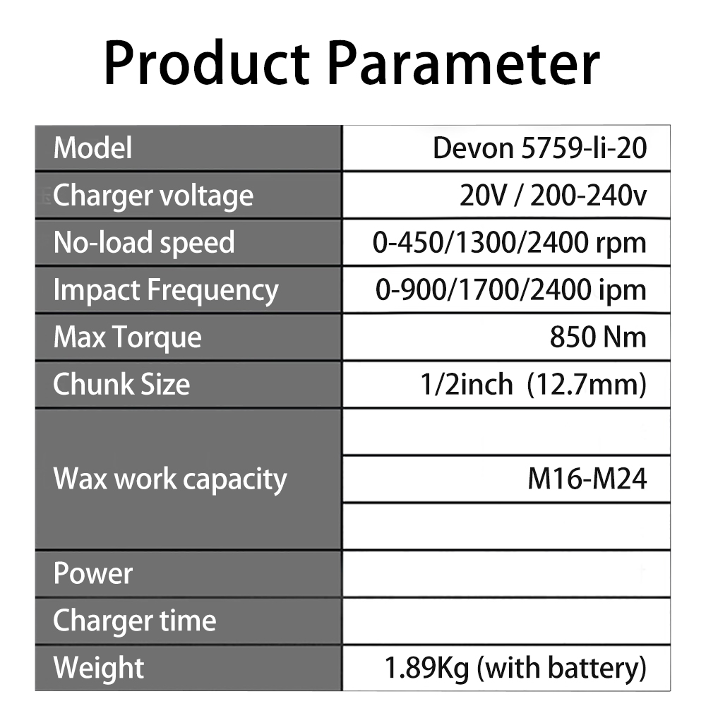 Devon 5759 Heavy Duty Cordless Impact Wrench Brushless 20v 850Nm Torque Adjustable 2400rpm 2700ipm Auto Stop Share Flex Battery