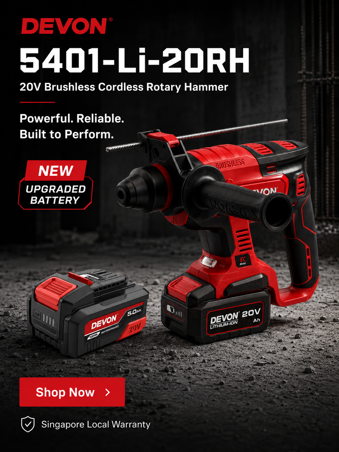 DEVON 5401-Li-20RH 20V brushless cordless rotary hammer with new upgraded 5.0Ah battery