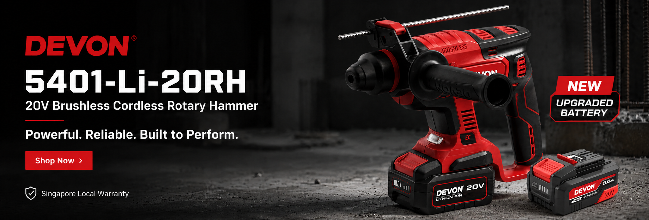 DEVON 5401-Li-20RH cordless rotary hammer with 20V 5.0Ah upgraded lithium-ion battery