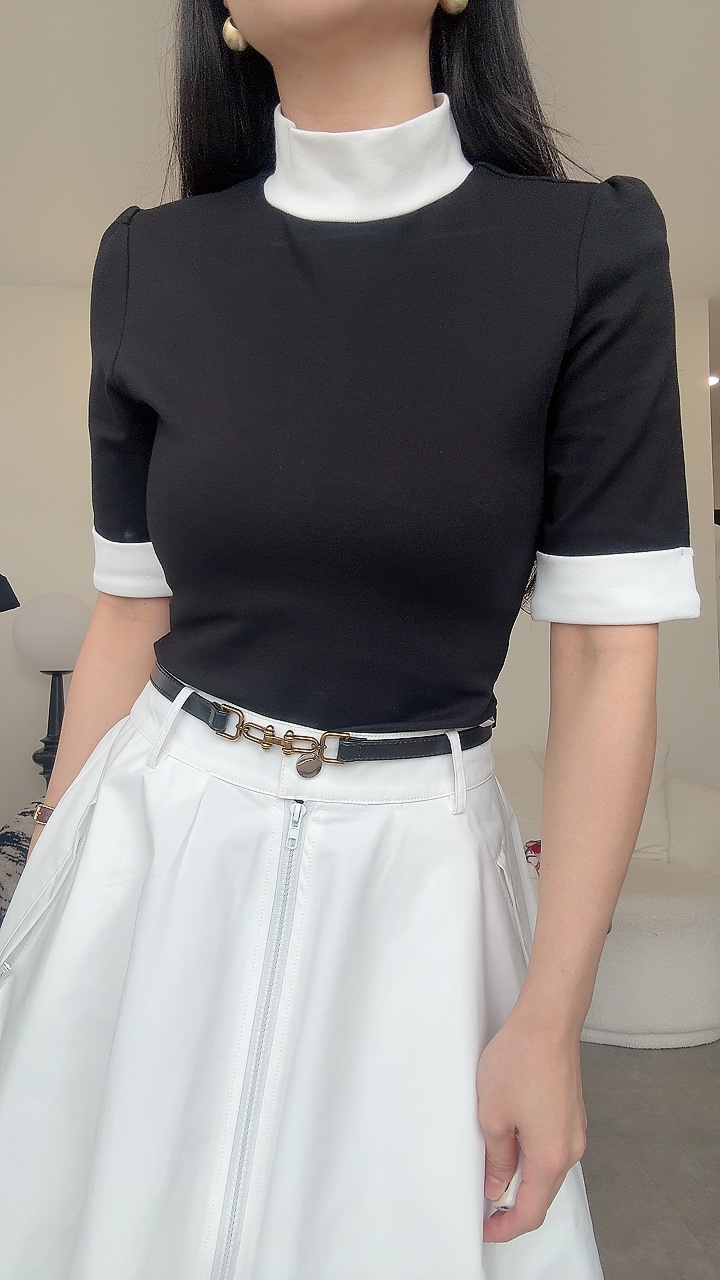 法式高级高领拼色中袖上衣