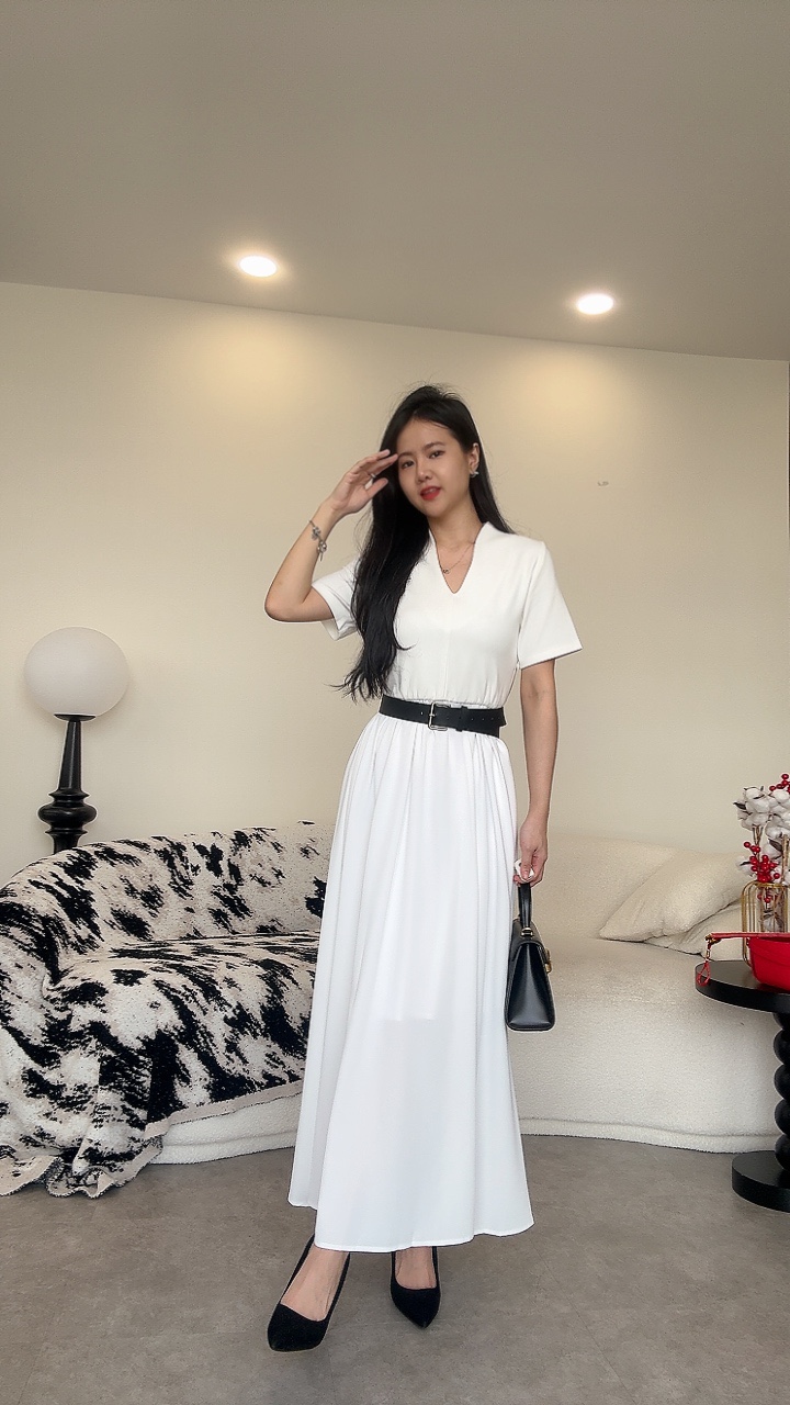 （厚）法式V领短袖连身长裙-腰带