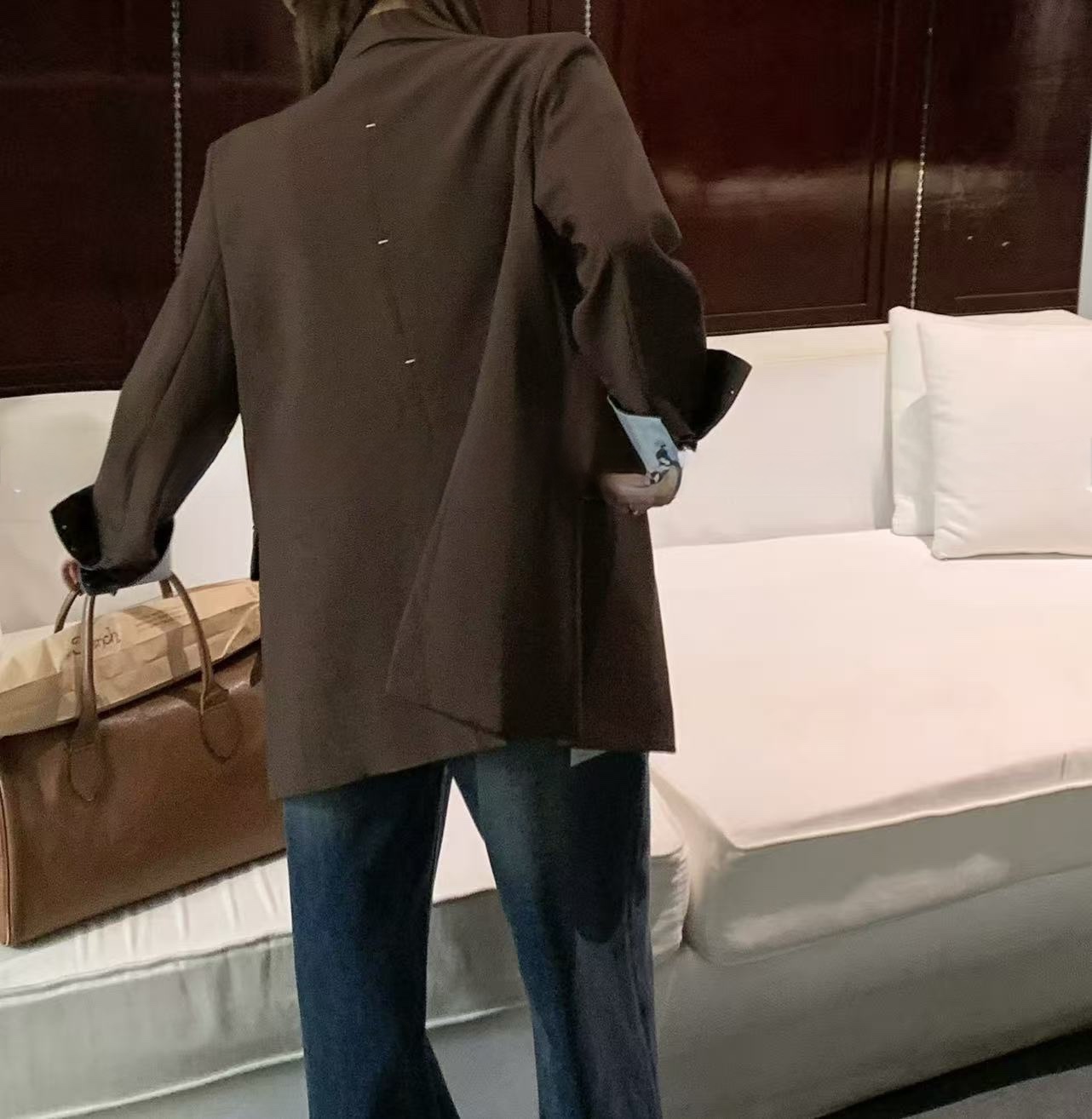 韩系oversize 拼色袖长版西装外套（小垫肩）