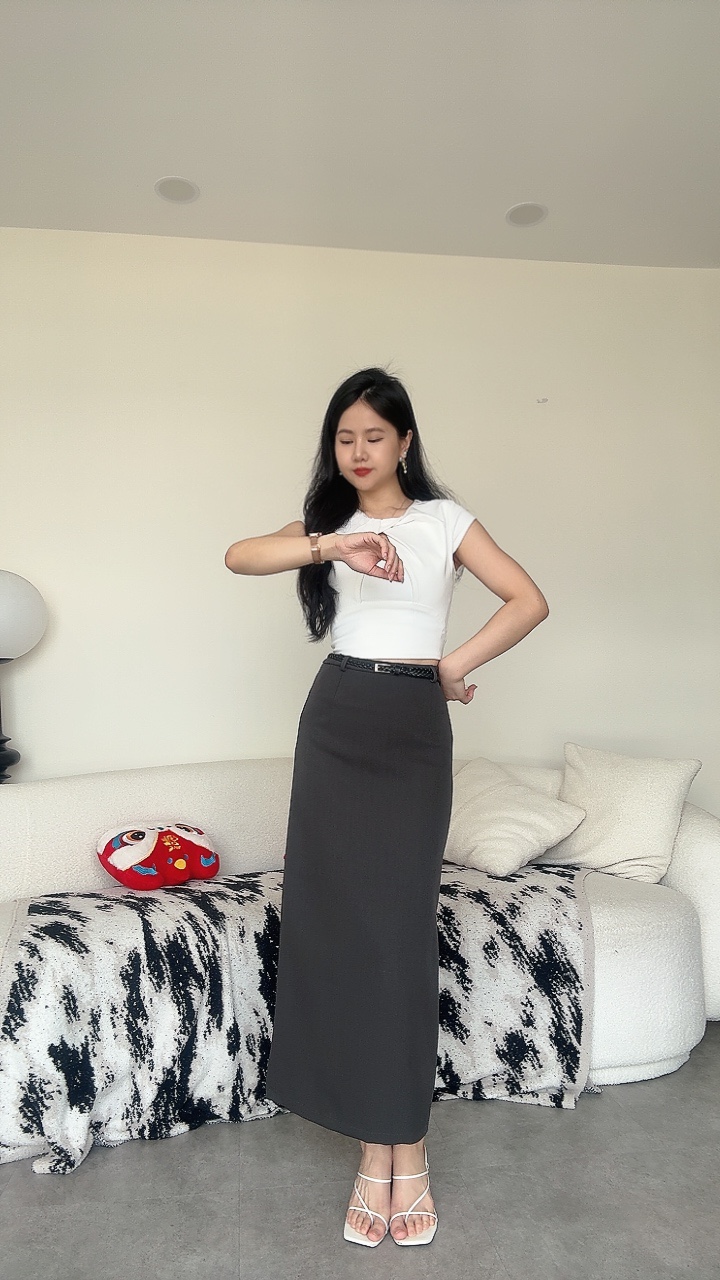 麻编腰带西装直筒长裙