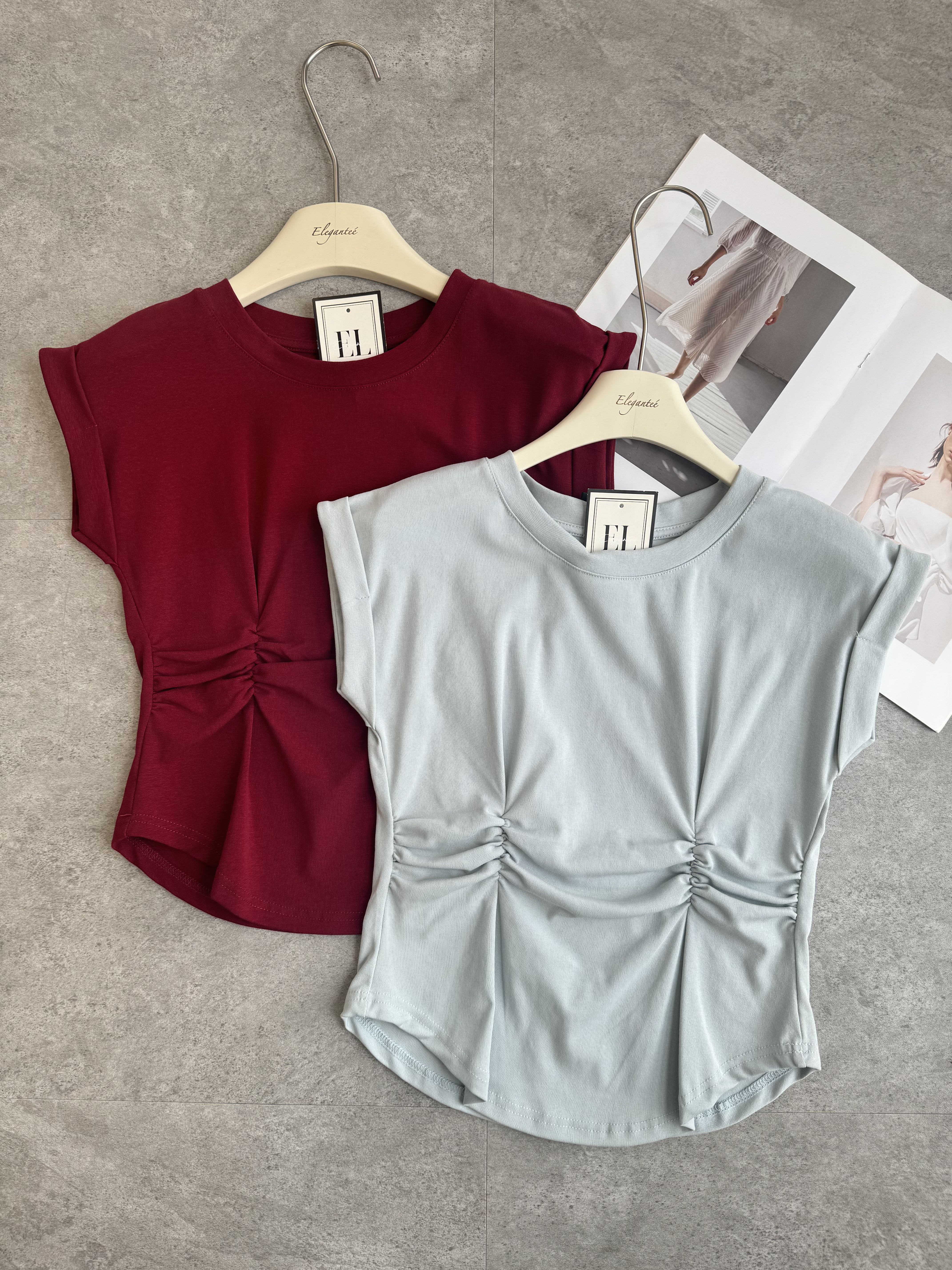 卷袖圆领前腰抽绳设计上衣