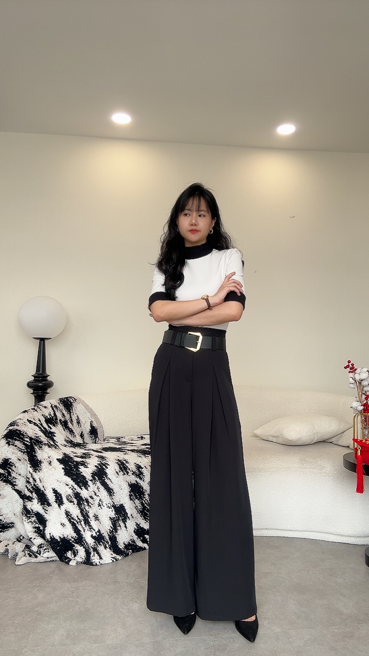 NEW滑垂厚金腰带高腰阔腿裤