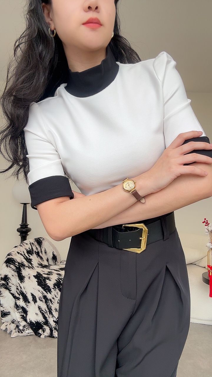 法式高级高领拼色中袖上衣