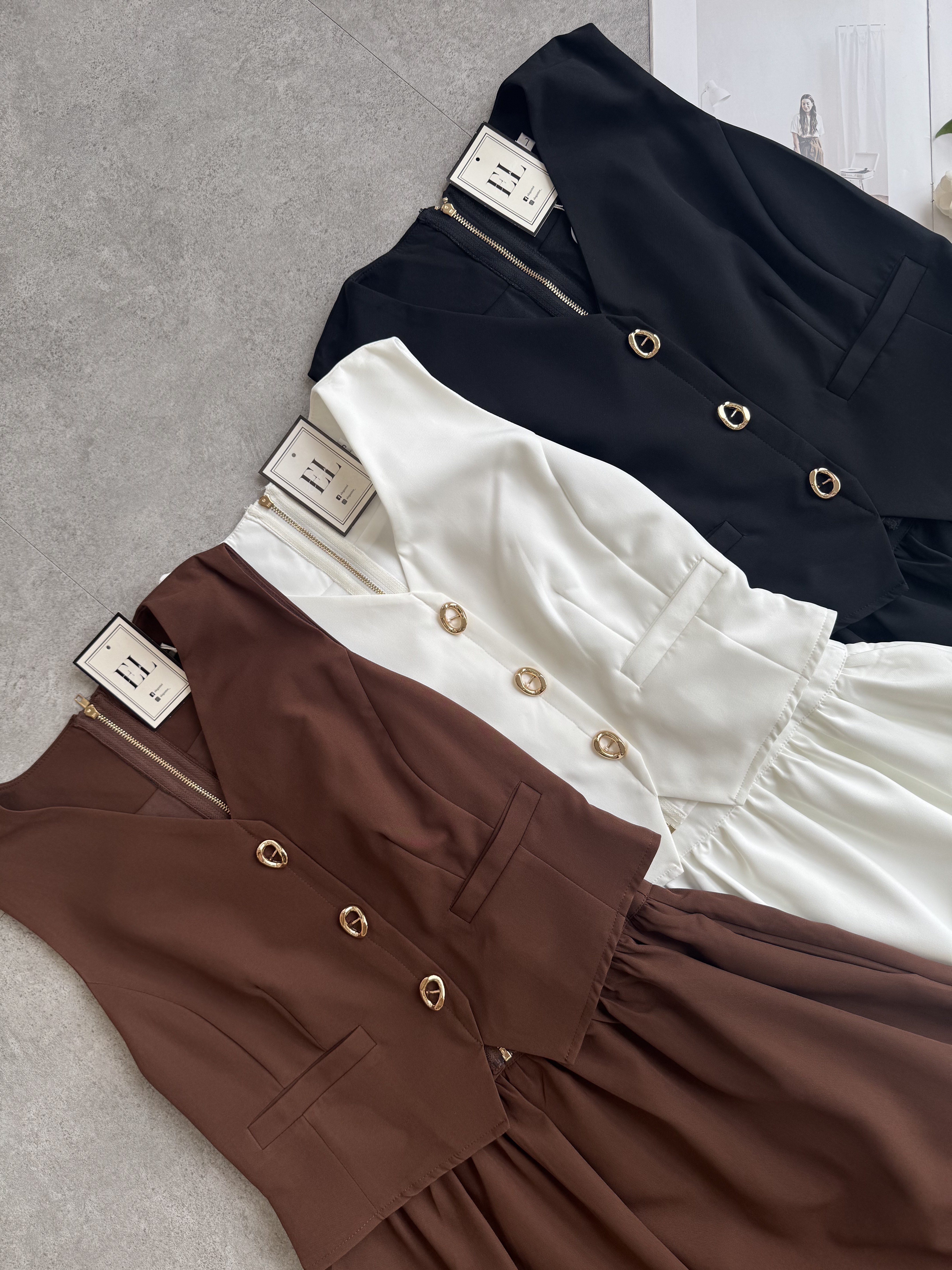  知性金扣拉链长裙套装