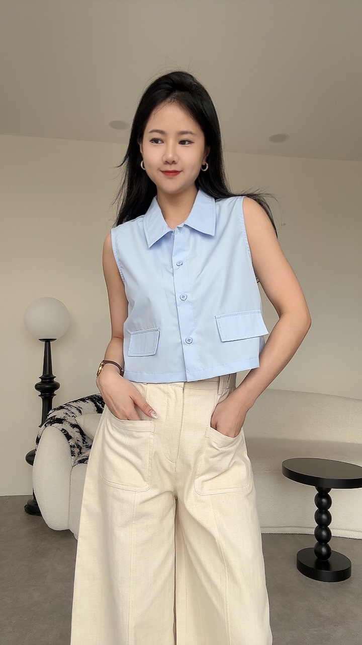 无袖假口袋设计衬衫Top