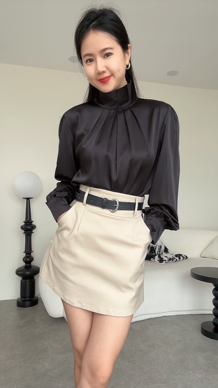 缎面知性高领长袖Top 