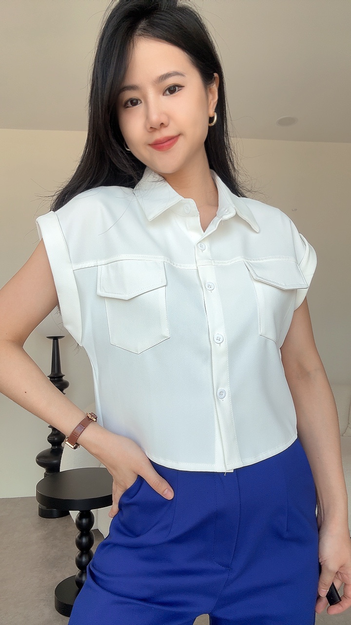 NEW滑面卷袖口袋Top